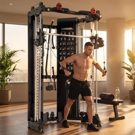 Titanium Strength FT90 Seilzugstation mit Smith-Maschine im Einsatz: Person trainiert morgens in einem hellen Hotel-Fitnessraum