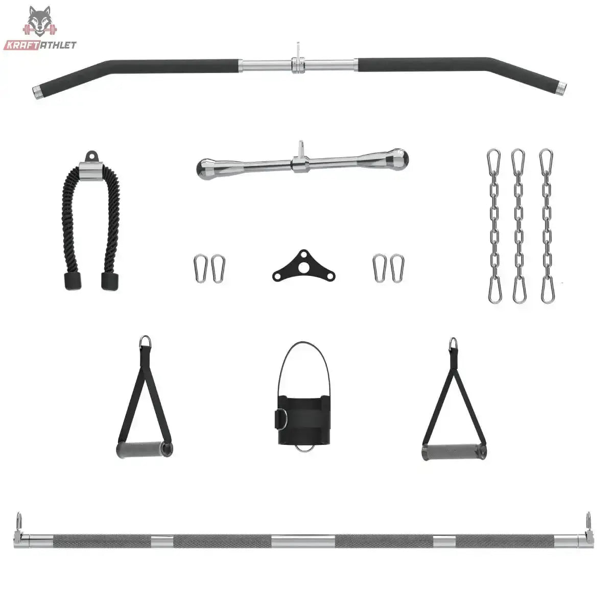 Titanium Strength FT90 Seilzugstation mit Smith-Maschine mit Zubehör: Stangen, Griffe, Karabiner und Ketten