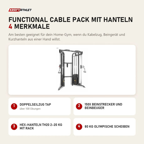 Titanium Strength Functional Cable Pack mit Hanteln mit 4 Merkmalen: Doppelseilzug TAP, 150X Beinstrecker und Beinbeuger, Hex-Hanteln TH20 2–20 kg mit Rack, 80 kg olympische Scheiben