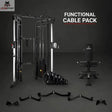 Titanium Strength Functional Cable Pack: Übersicht des Sets mit Kabelturm, Hantelbank, Scheiben und Griffen im Studio