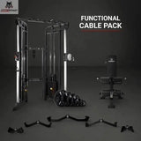 Titanium Strength Functional Cable Pack: Übersicht des Sets mit Kabelturm, Hantelbank, Scheiben und Griffen im Studio