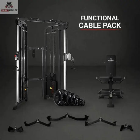Titanium Strength Functional Cable Pack: Übersicht des Sets mit Kabelturm, Hantelbank, Scheiben und Griffen im Studio