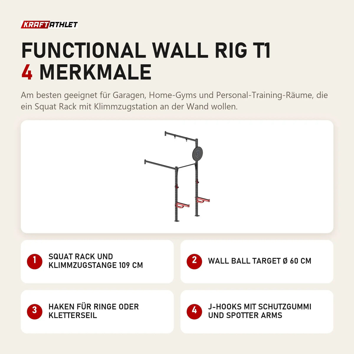 Titanium Strength Functional Wall RIG T1 mit 4 Merkmalen: Squat Rack und Klimmzugstange 109 cm, Wall Ball Target Ø 60 cm, Haken für Ringe oder Kletterseil, J-Hooks mit Schutzgummi und Spotter Arms