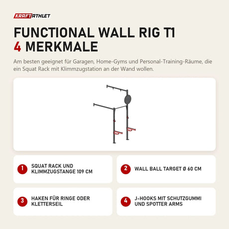 Titanium Strength Functional Wall RIG T1 mit 4 Merkmalen: Squat Rack und Klimmzugstange 109 cm, Wall Ball Target Ø 60 cm, Haken für Ringe oder Kletterseil, J-Hooks mit Schutzgummi und Spotter Arms
