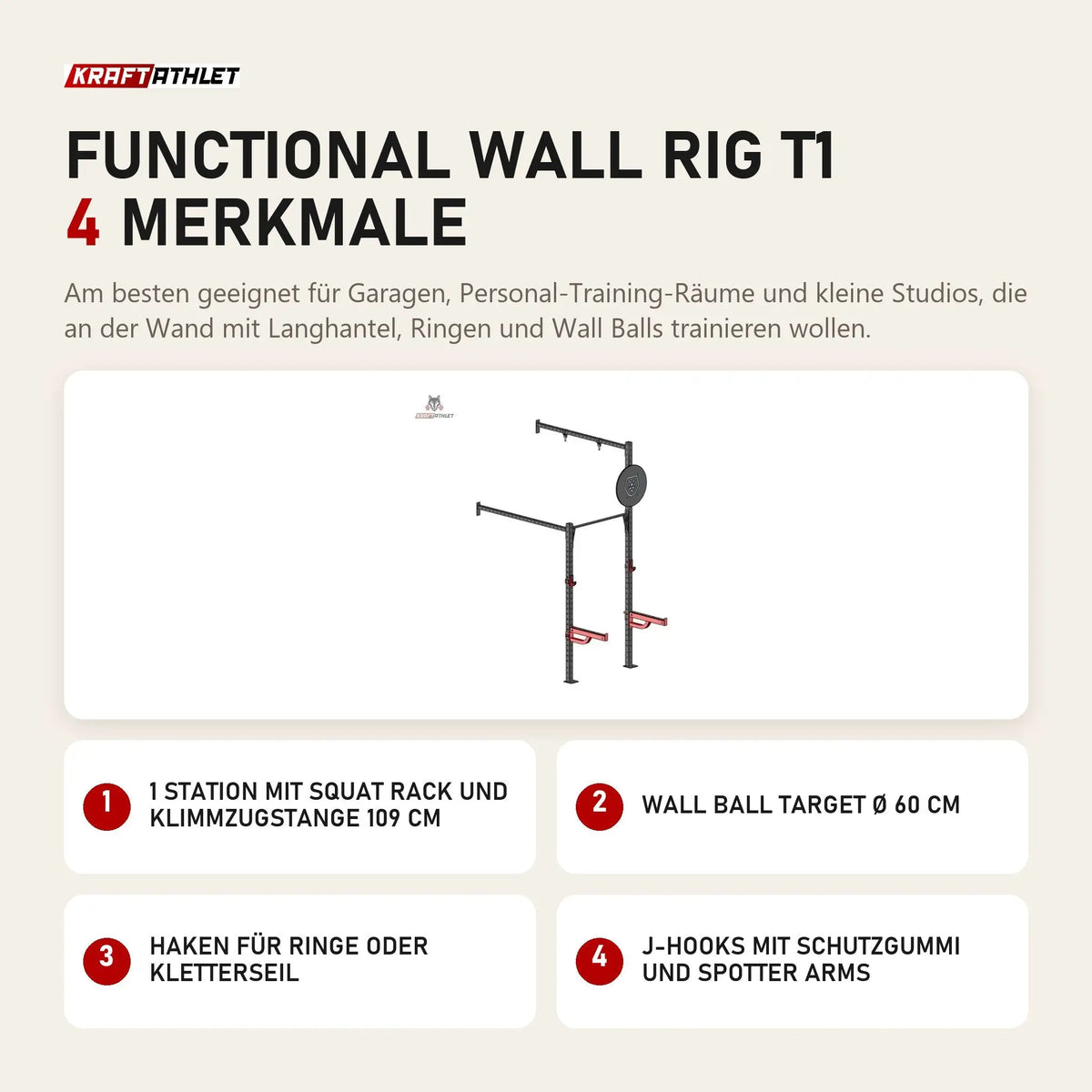 Titanium Strength Functional Wall RIG T1 mit 4 Merkmalen: 1 Station mit Squat Rack und Klimmzugstange 109 cm, Wall Ball Target Ø 60 cm, Haken für Ringe oder Kletterseil, J-Hooks mit Schutzgummi und Spotter Arms
