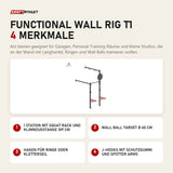 Titanium Strength Functional Wall RIG T1 mit 4 Merkmalen: 1 Station mit Squat Rack und Klimmzugstange 109 cm, Wall Ball Target Ø 60 cm, Haken für Ringe oder Kletterseil, J-Hooks mit Schutzgummi und Spotter Arms