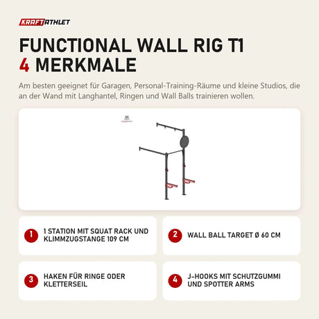 Titanium Strength Functional Wall RIG T1 mit 4 Merkmalen: 1 Station mit Squat Rack und Klimmzugstange 109 cm, Wall Ball Target Ø 60 cm, Haken für Ringe oder Kletterseil, J-Hooks mit Schutzgummi und Spotter Arms