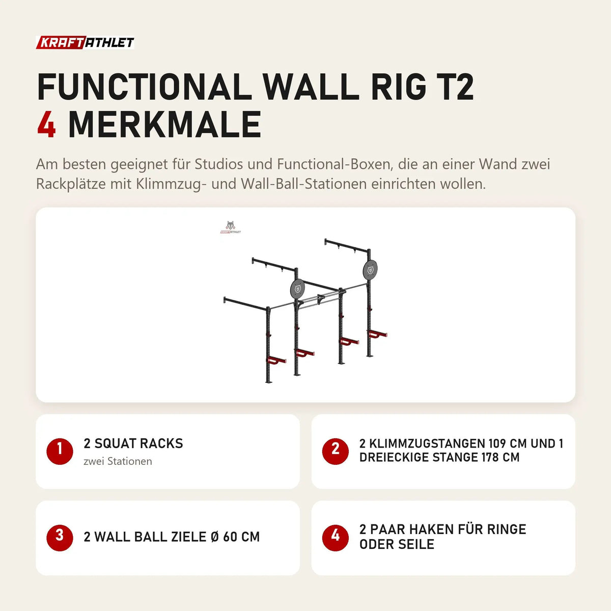 Titanium Strength Functional Wall RIG T2 mit 4 Merkmalen: 2 Squat Racks, 2 Klimmzugstangen 109 cm und 1 dreieckige Stange 178 cm, 2 Wall Ball Ziele Ø 60 cm, 2 Paar Haken für Ringe oder Seile