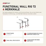 Titanium Strength Functional Wall RIG T2 mit 4 Merkmalen: 2 Squat Racks, 2 Klimmzugstangen 109 cm und 1 dreieckige Stange 178 cm, 2 Wall Ball Ziele Ø 60 cm, 2 Paar Haken für Ringe oder Seile
