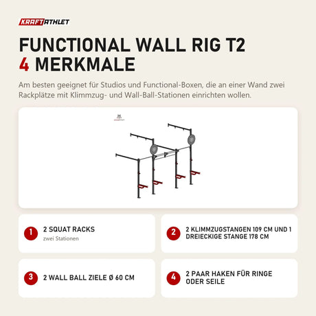 Titanium Strength Functional Wall RIG T2 mit 4 Merkmalen: 2 Squat Racks, 2 Klimmzugstangen 109 cm und 1 dreieckige Stange 178 cm, 2 Wall Ball Ziele Ø 60 cm, 2 Paar Haken für Ringe oder Seile