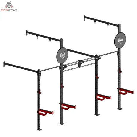 Titanium Strength Functional Wall RIG T2 in Schrägansicht mit Klimmzugstangen, Zielscheiben und roten J-Hooks