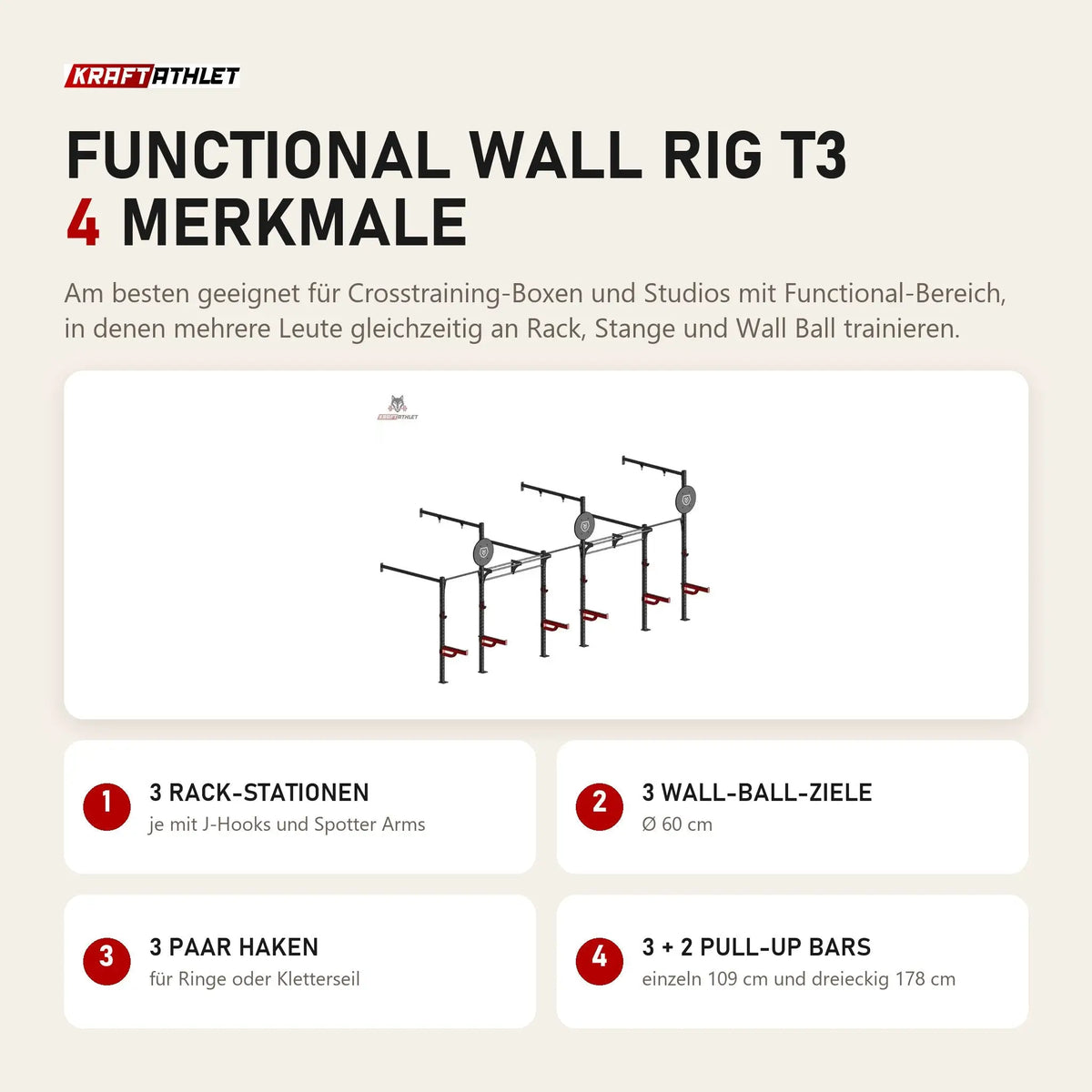 Titanium Strength Functional Wall RIG T3 mit 4 Merkmalen: 3 Rack-Stationen, 3 Wall-Ball-Ziele, 3 Paar Haken, 3 + 2 Pull-Up Bars