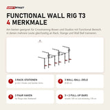 Titanium Strength Functional Wall RIG T3 mit 4 Merkmalen: 3 Rack-Stationen, 3 Wall-Ball-Ziele, 3 Paar Haken, 3 + 2 Pull-Up Bars