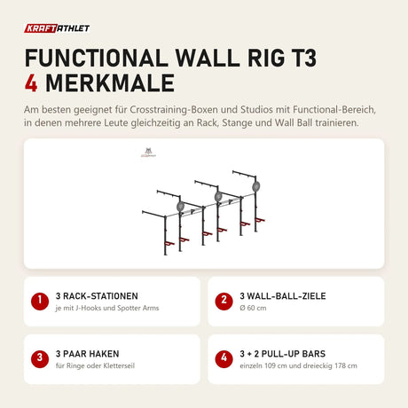 Titanium Strength Functional Wall RIG T3 mit 4 Merkmalen: 3 Rack-Stationen, 3 Wall-Ball-Ziele, 3 Paar Haken, 3 + 2 Pull-Up Bars
