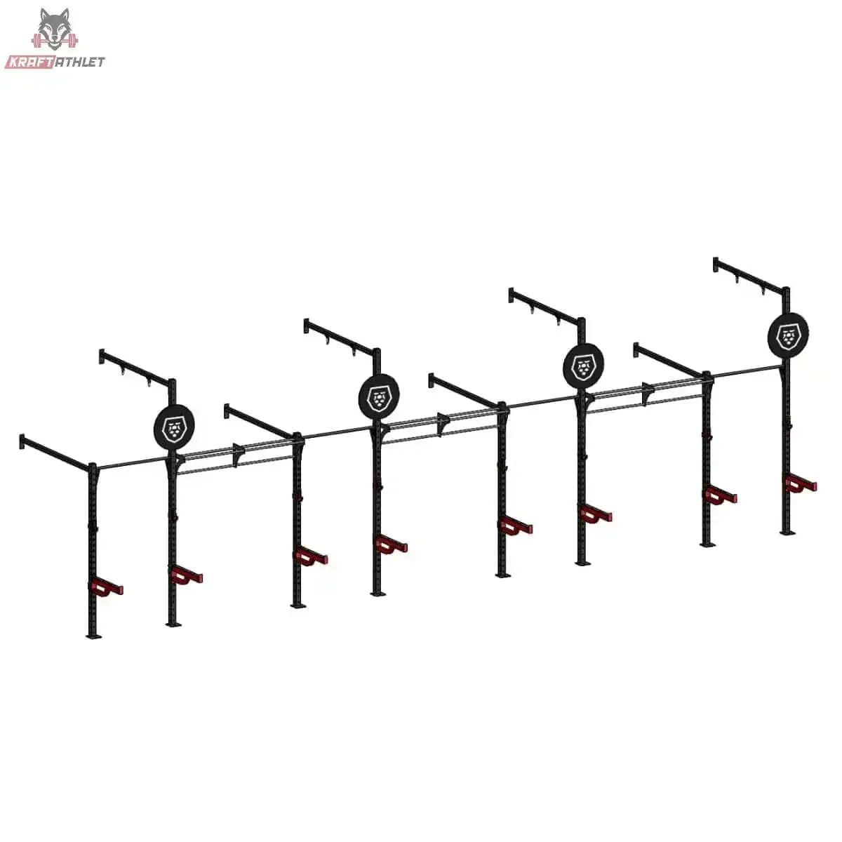 Titanium Strength Functional Wall RIG T4 in Schwarz, Gesamtansicht mit vier Stationen und Zielscheiben