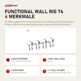 Titanium Strength Functional Wall RIG T4 mit 4 Merkmalen: 4 Rack-Stationen, 4 Wall-Ball-Ziele, 4 Paar Haken, 4 + 3 Pull-Up Bars