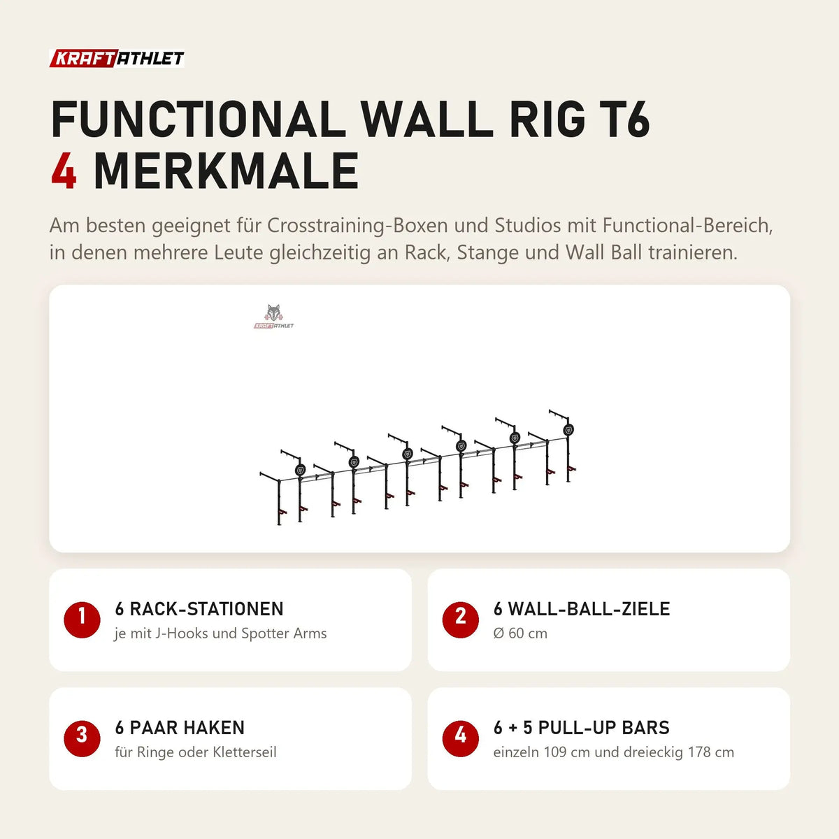 Titanium Strength Functional Wall RIG T6 mit 4 Merkmalen: 6 Rack-Stationen, 6 Wall-Ball-Ziele, 6 Paar Haken, 6 + 5 Pull-Up Bars