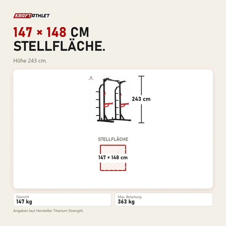 Maßbild Titanium Strength Funktionelles Half Rack RF10: Stellfläche 147 × 148 cm, Höhe 243 cm
