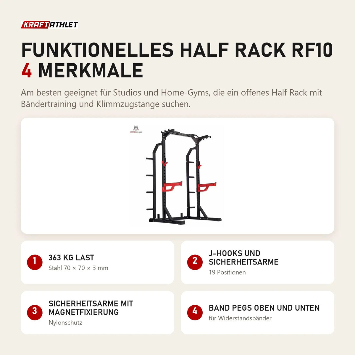 Titanium Strength Funktionelles Half Rack RF10 mit 4 Merkmalen: 363 kg Last, J-Hooks und Sicherheitsarme, Sicherheitsarme mit Magnetfixierung, Band Pegs oben und unten
