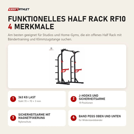 Titanium Strength Funktionelles Half Rack RF10 mit 4 Merkmalen: 363 kg Last, J-Hooks und Sicherheitsarme, Sicherheitsarme mit Magnetfixierung, Band Pegs oben und unten