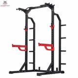 Titanium Strength Funktionelles Half Rack RF10 in Schrägansicht von links mit Scheibenhörnern an der Rückseite