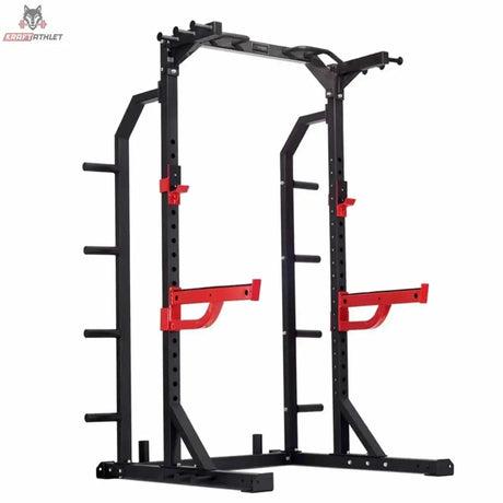Titanium Strength Funktionelles Half Rack RF10 in Schrägansicht von rechts mit roten Sicherheitsarmen