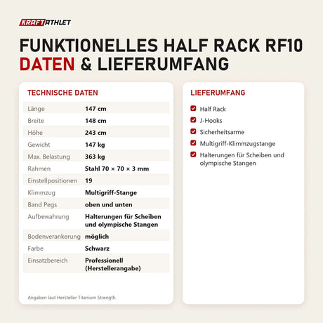 Technische Daten und Lieferumfang von Titanium Strength Funktionelles Half Rack RF10 als Tabelle