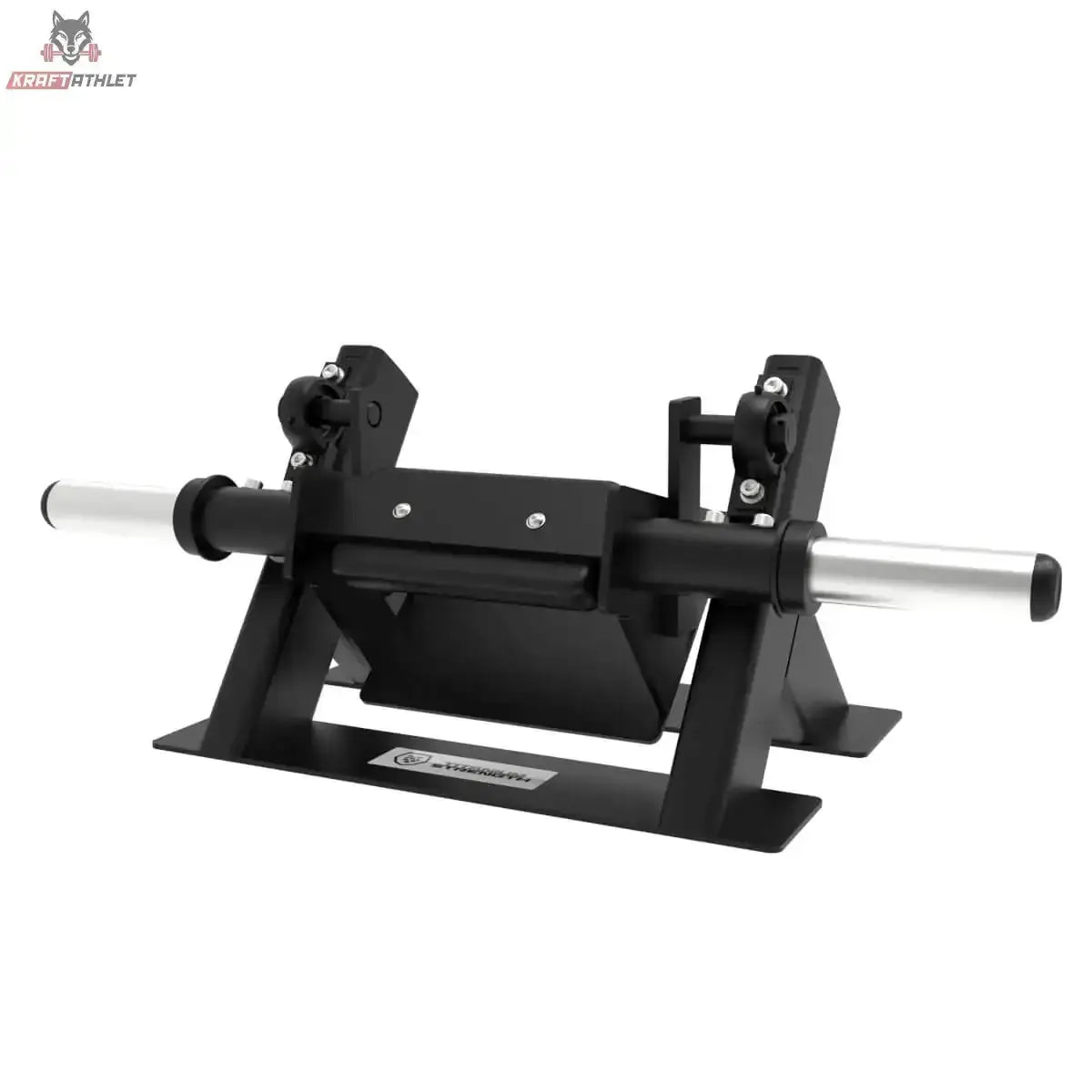 Titanium Strength Fußheber-/Tibialis-Anterior-Trainer Elite Series in Schrägansicht mit Fußpolster, Hantelstange und Bodenplatte