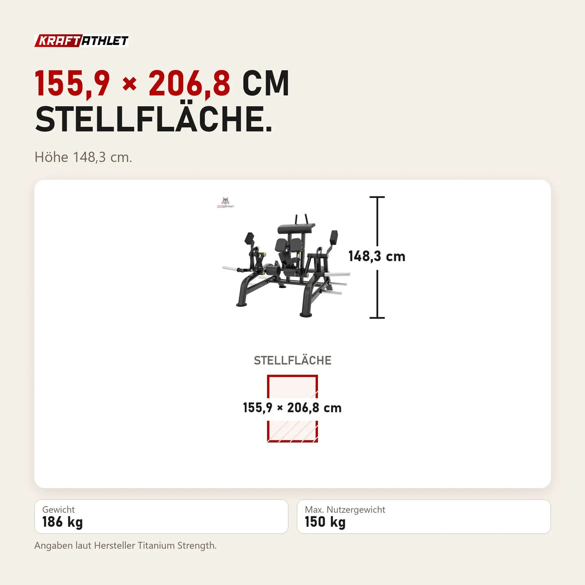 Maßbild Titanium Strength Genesis Series IsoLateral Beinbeuger Knien: Stellfläche 155,9 × 206,8 cm, Höhe 148,3 cm