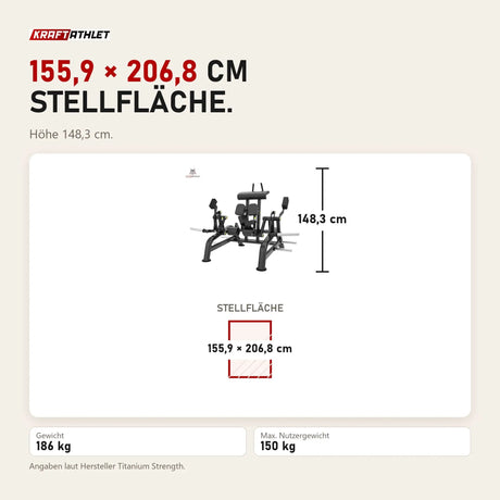 Maßbild Titanium Strength Genesis Series IsoLateral Beinbeuger Knien: Stellfläche 155,9 × 206,8 cm, Höhe 148,3 cm