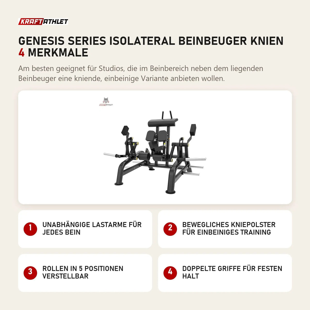 Titanium Strength Genesis Series IsoLateral Beinbeuger Knien mit 4 Merkmalen: Unabhängige Lastarme für jedes Bein, Bewegliches Kniepolster für einbeiniges Training, Rollen in 5 Positionen verstellbar, Doppelte Griffe für festen Halt
