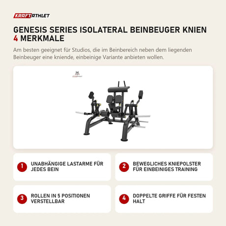 Titanium Strength Genesis Series IsoLateral Beinbeuger Knien mit 4 Merkmalen: Unabhängige Lastarme für jedes Bein, Bewegliches Kniepolster für einbeiniges Training, Rollen in 5 Positionen verstellbar, Doppelte Griffe für festen Halt