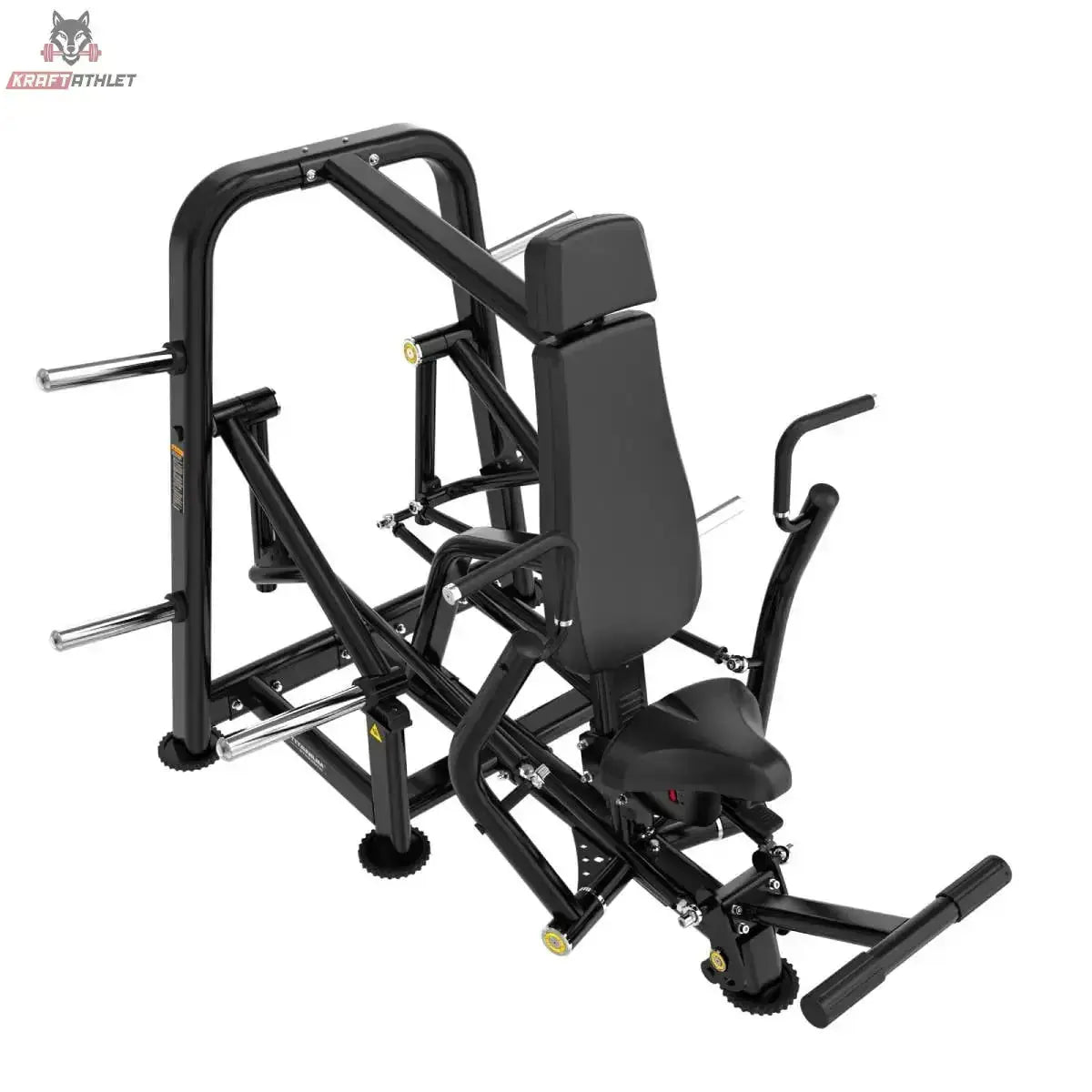 Titanium Strength Genesis Series IsoLateral Negativbank-Brustpresse – Ansicht von schräg oben auf Rückenlehne, Griffe und Fußhebel, schwarz