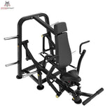 Titanium Strength Genesis Series IsoLateral Negativbank-Brustpresse – Ansicht von schräg oben auf Rückenlehne, Griffe und Fußhebel, schwarz