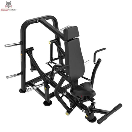 Titanium Strength Genesis Series IsoLateral Negativbank-Brustpresse – Ansicht von schräg oben auf Rückenlehne, Griffe und Fußhebel, schwarz