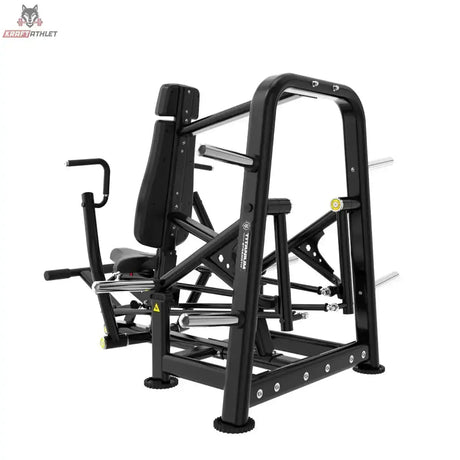 Titanium Strength Genesis Series IsoLateral Negativbank-Brustpresse – Schrägansicht von vorne links mit Rückenlehne und Griffen, schwarz