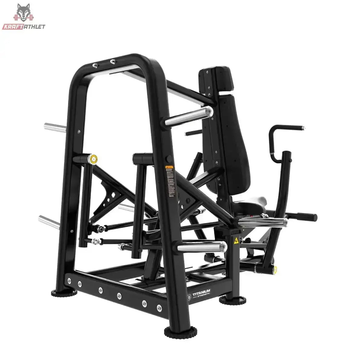 Titanium Strength Genesis Series IsoLateral Negativbank-Brustpresse – Schrägansicht von vorne rechts mit Rahmen und Hebelarmen, schwarz