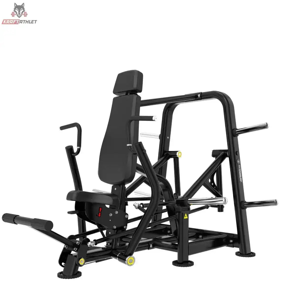 Titanium Strength Genesis Series IsoLateral Negativbank-Brustpresse – Seitenansicht mit Rückenlehne und Fußhebel, schwarz