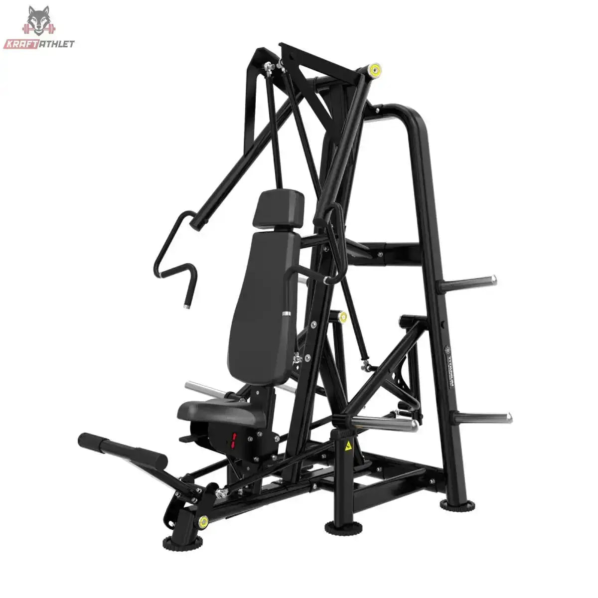 Titanium Strength Genesis Series IsoLateral Schrägbank-Brustpresse – Schrägansicht von links mit Rückenlehne und Fußhebel, schwarz