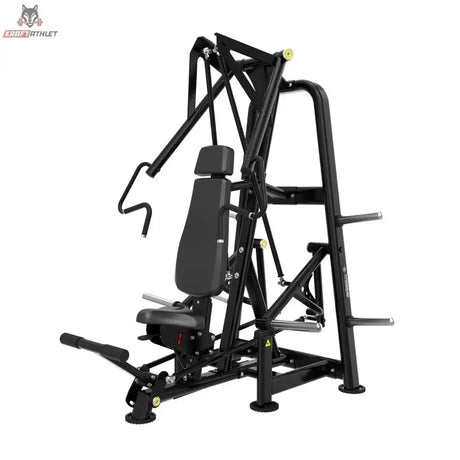 Titanium Strength Genesis Series IsoLateral Schrägbank-Brustpresse – Schrägansicht von links mit Rückenlehne und Fußhebel, schwarz
