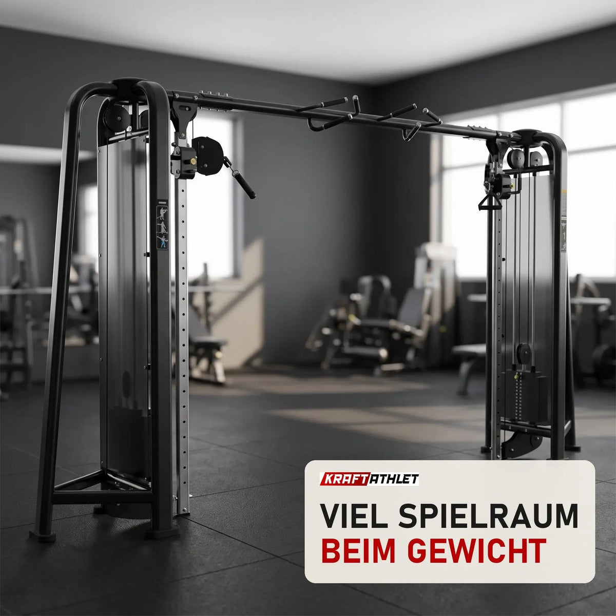 Titanium Strength Genesis Series 2-Station Cable Crossover in einem fertig eingerichteten Studio mit dunklen Wänden und Gummiboden