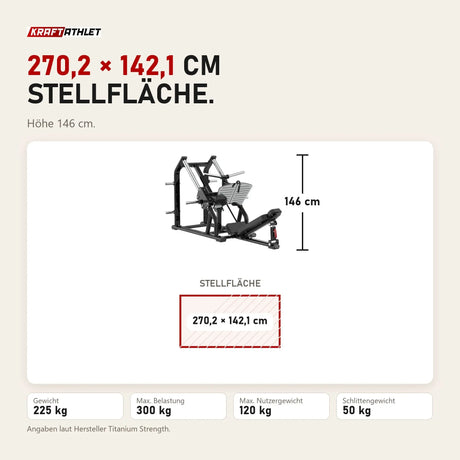 Maßbild Titanium Strength Genesis Series 45-Grad-Beinpresse: Stellfläche 270,2 × 142,1 cm, Höhe 146 cm