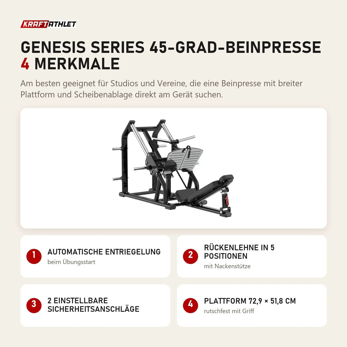 Titanium Strength Genesis Series 45-Grad-Beinpresse mit 4 Merkmalen: Automatische Entriegelung, Rückenlehne in 5 Positionen, 2 einstellbare Sicherheitsanschläge, Plattform 72,9 × 51,8 cm