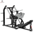 Titanium Strength Genesis Series 45-Grad-Beinpresse in Schwarz, Schrägansicht mit Fußplatte und Scheibenhaltern