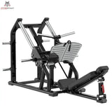 Titanium Strength Genesis Series 45-Grad-Beinpresse in Schwarz, Schrägansicht mit Fußplatte und Scheibenhaltern