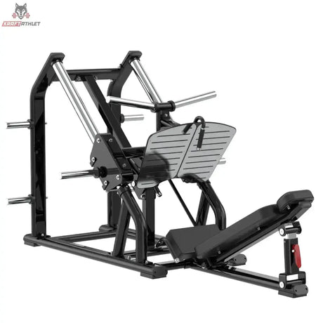 Titanium Strength Genesis Series 45-Grad-Beinpresse in Schwarz, Schrägansicht mit Fußplatte und Scheibenhaltern