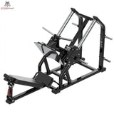 Titanium Strength Genesis Series 45-Grad-Beinpresse in Schwarz, Schrägansicht von vorn auf Schlitten und Führungsschienen