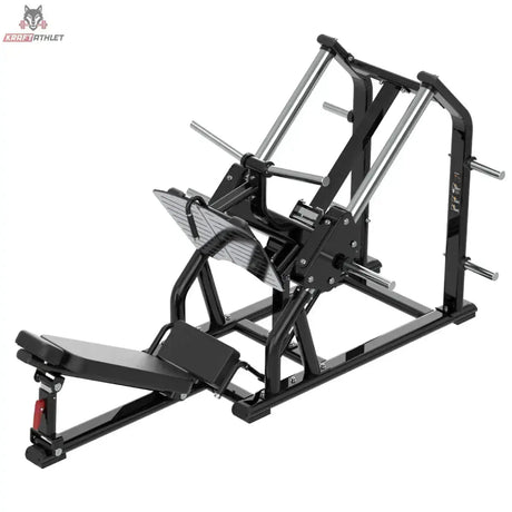 Titanium Strength Genesis Series 45-Grad-Beinpresse in Schwarz, Schrägansicht von vorn auf Schlitten und Führungsschienen
