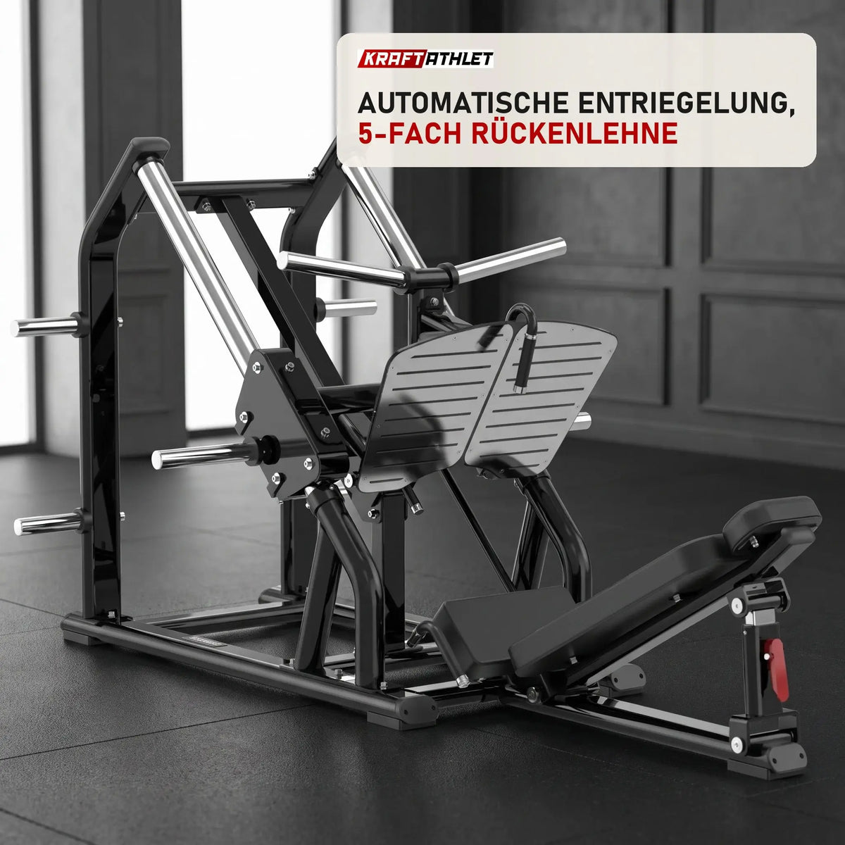 Titanium Strength Genesis Series 45-Grad-Beinpresse in einem fertig eingerichteten Studio mit dunklen Wänden und Gummiboden