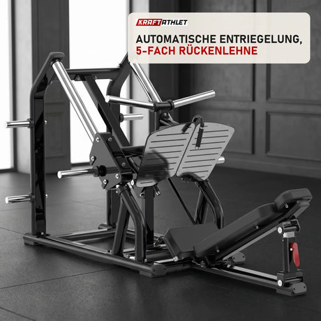 Titanium Strength Genesis Series 45-Grad-Beinpresse in einem fertig eingerichteten Studio mit dunklen Wänden und Gummiboden